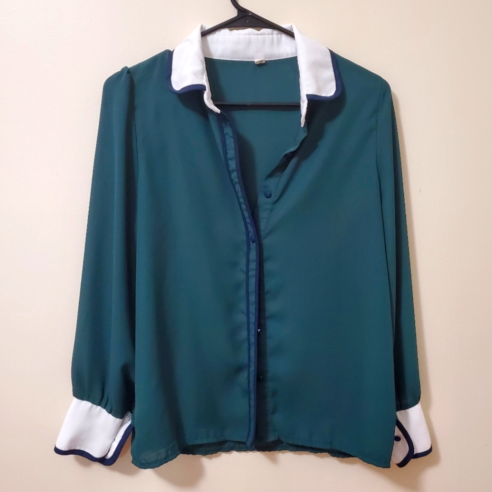 Dark Teal Green Chiffon Button Down (S-M)
